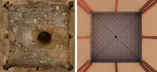 这是四角坪遗址中央夯土台基中心的半地穴空间及甘肃考古工作者绘制的复原图。