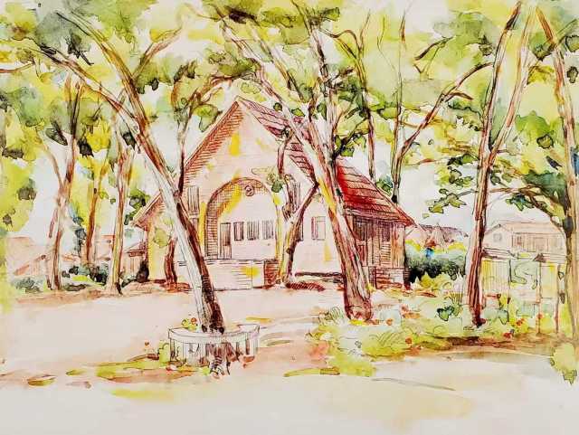 私立岭南大学司徒卫绘制的仙人庙大村岭南大学怀士堂(1938-1944)。 私立岭南大学司徒卫绘制的仙人庙大村岭南大学怀士堂(1938-1944)。